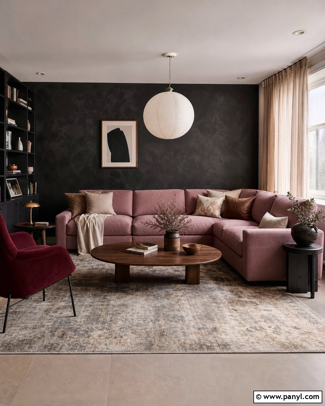 Mauve Sectional With Black Limewash Wall - 20 Pink Couch Black Wall Ideas