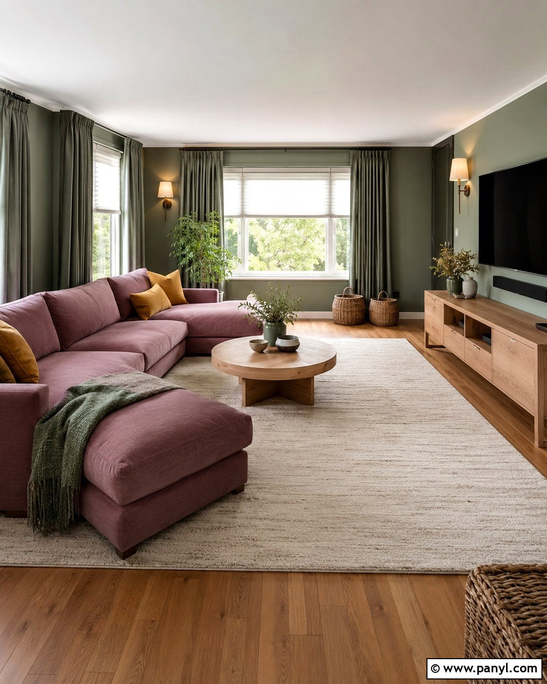 Mauve Sectional With Eucalyptus Green Walls - 20 Purple Sofa Green Walls
