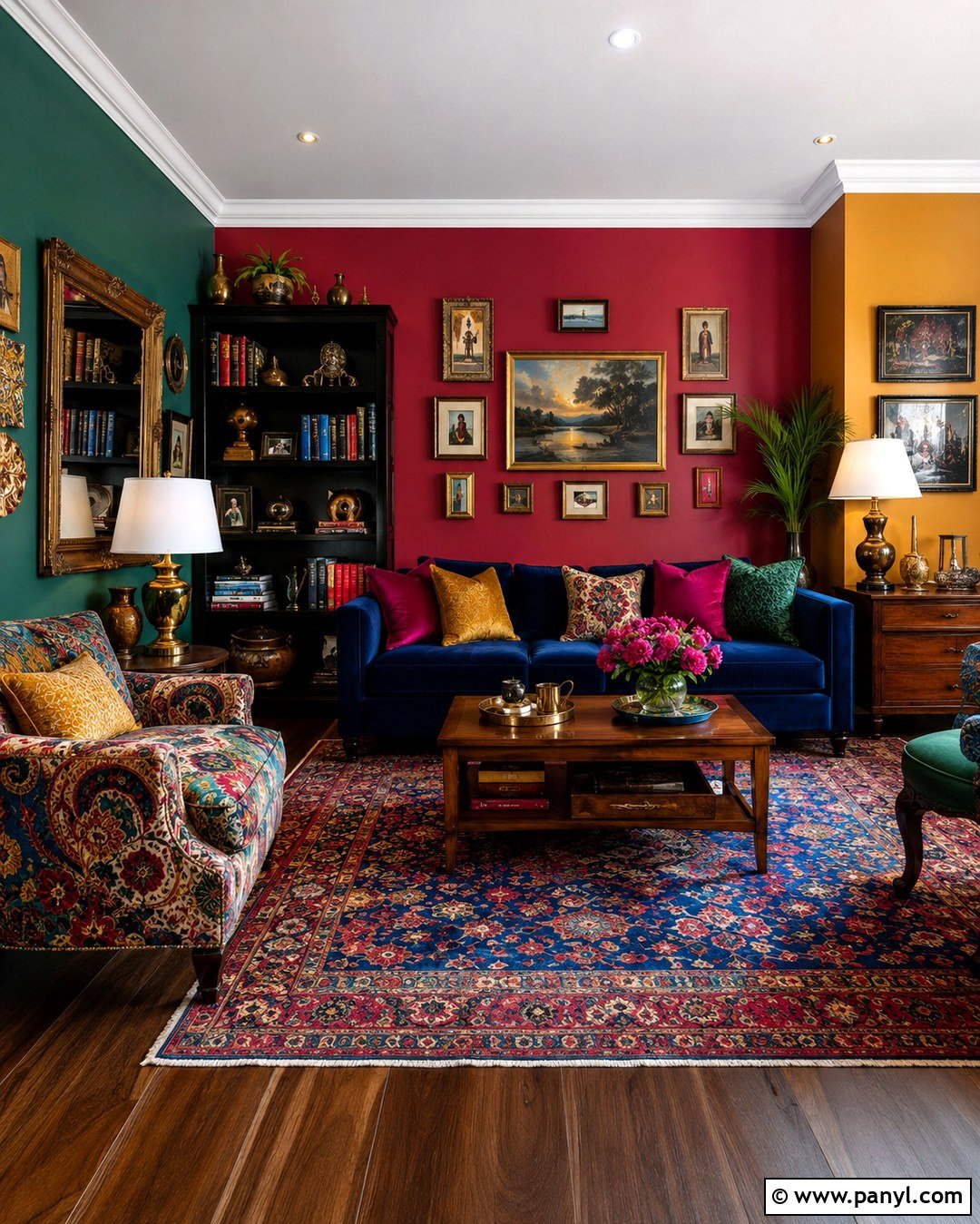 Maximalist Jewel Color Living Room Walls - 20 Each Wall Different Color Ideas