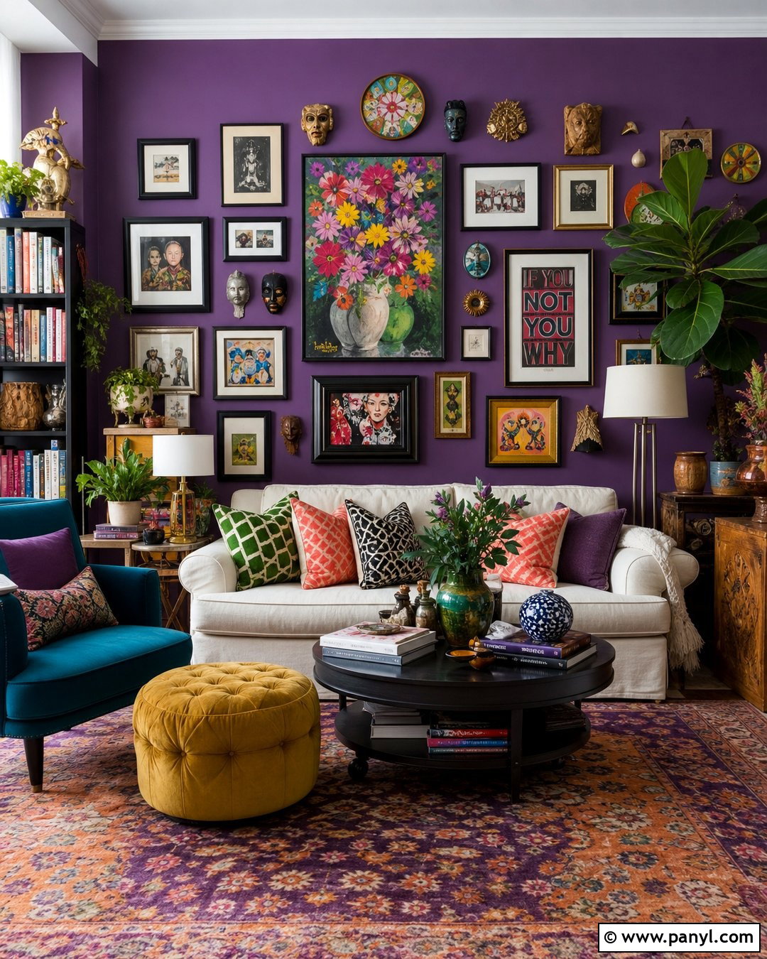Maximalist Purple Gallery Wall Living Room - 30 Purple Accent Wall Living Room Ideas