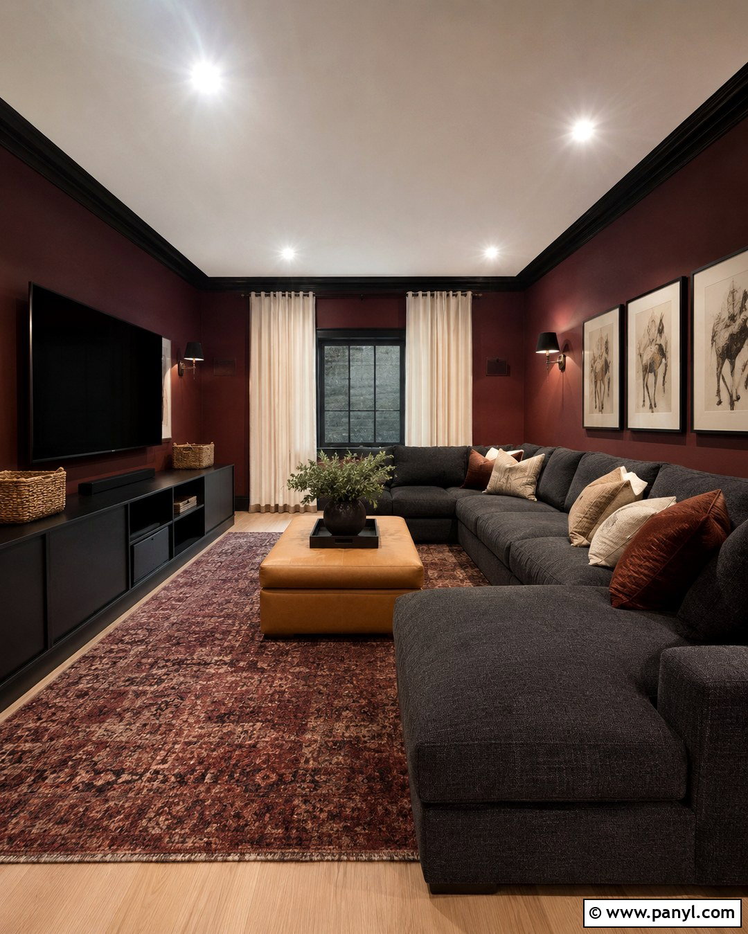 Media Room With Burgundy Walls And Black Trim - 20 Burgundy Walls With Black Trim Ideas