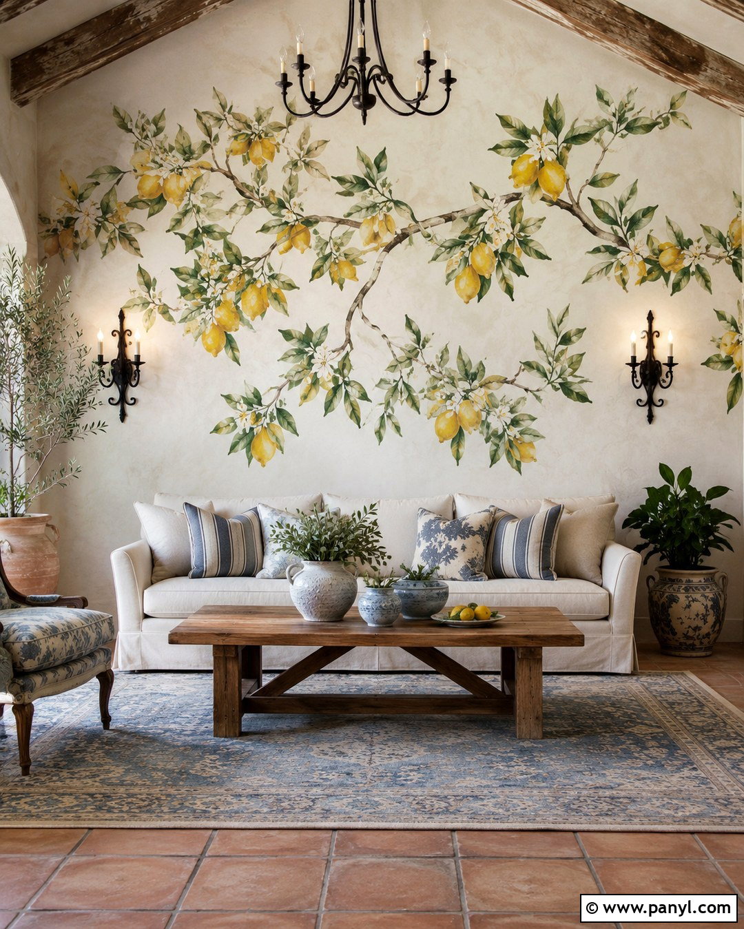 Mediterranean Lemon Living Room Wall - 20 Citrus Wall Ideas