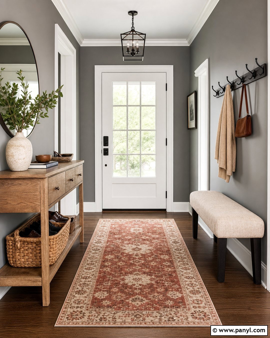 Medium Gray Entryway With Warm White Trim - 20 Medium Gray Wall Paint Ideas