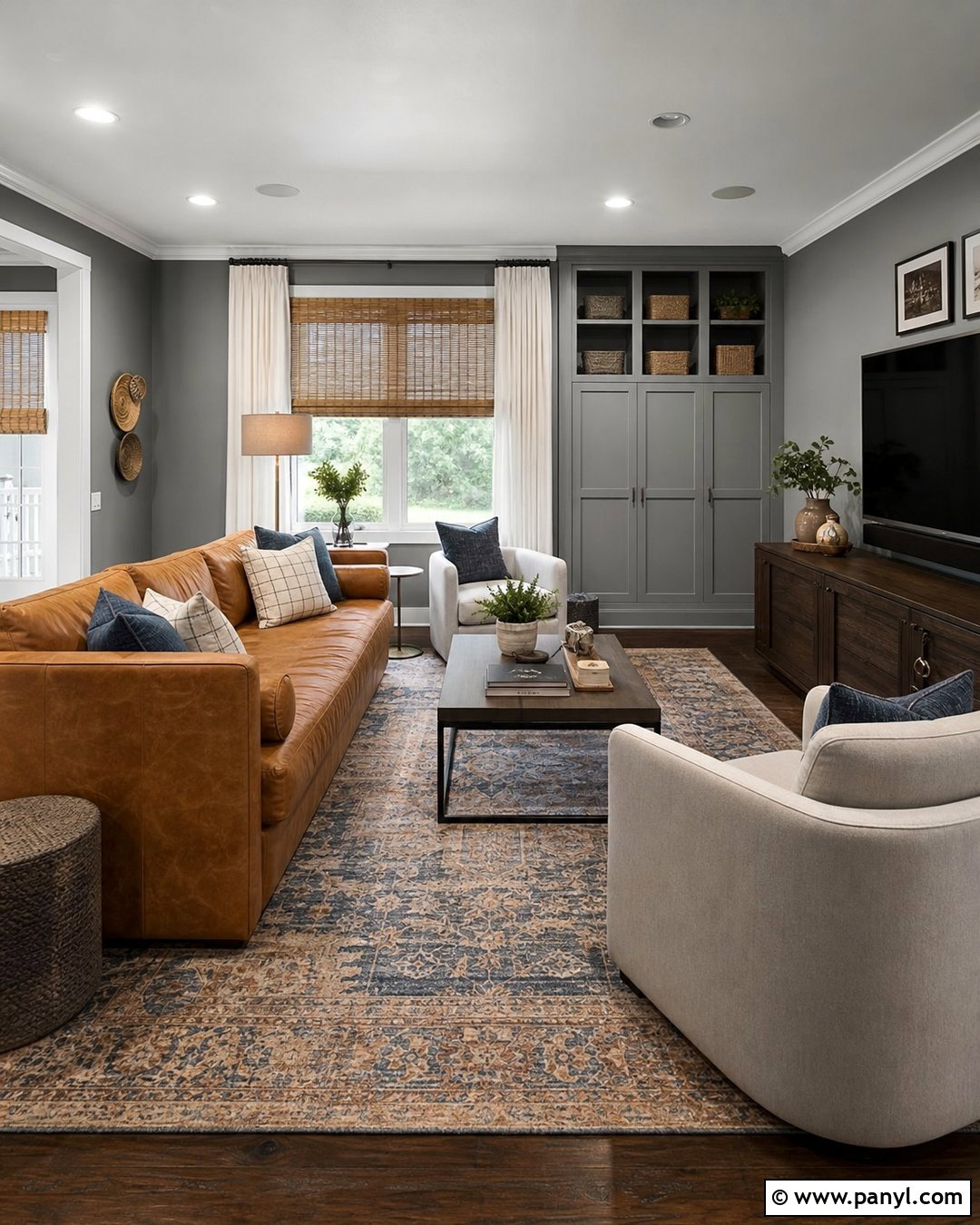 Medium Gray Family Room With Leather Sofa - 20 Medium Gray Wall Paint Ideas