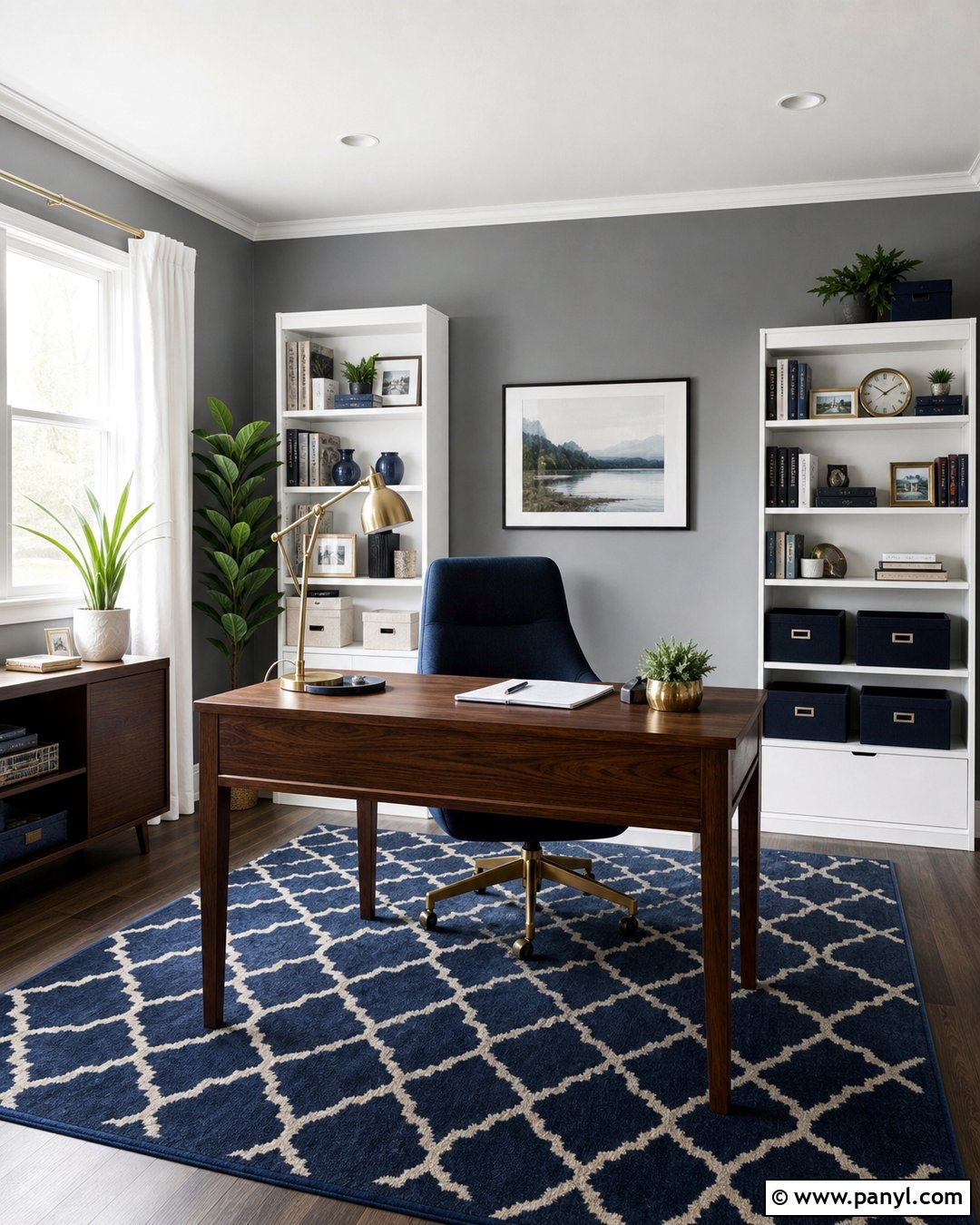 Medium Gray Home Office With Navy Accents - 20 Medium Gray Wall Paint Ideas