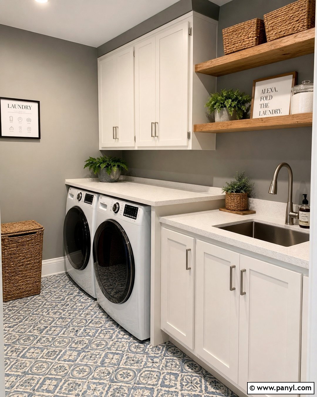 Medium Gray Laundry Room With Wood Shelves - 20 Medium Gray Wall Paint Ideas