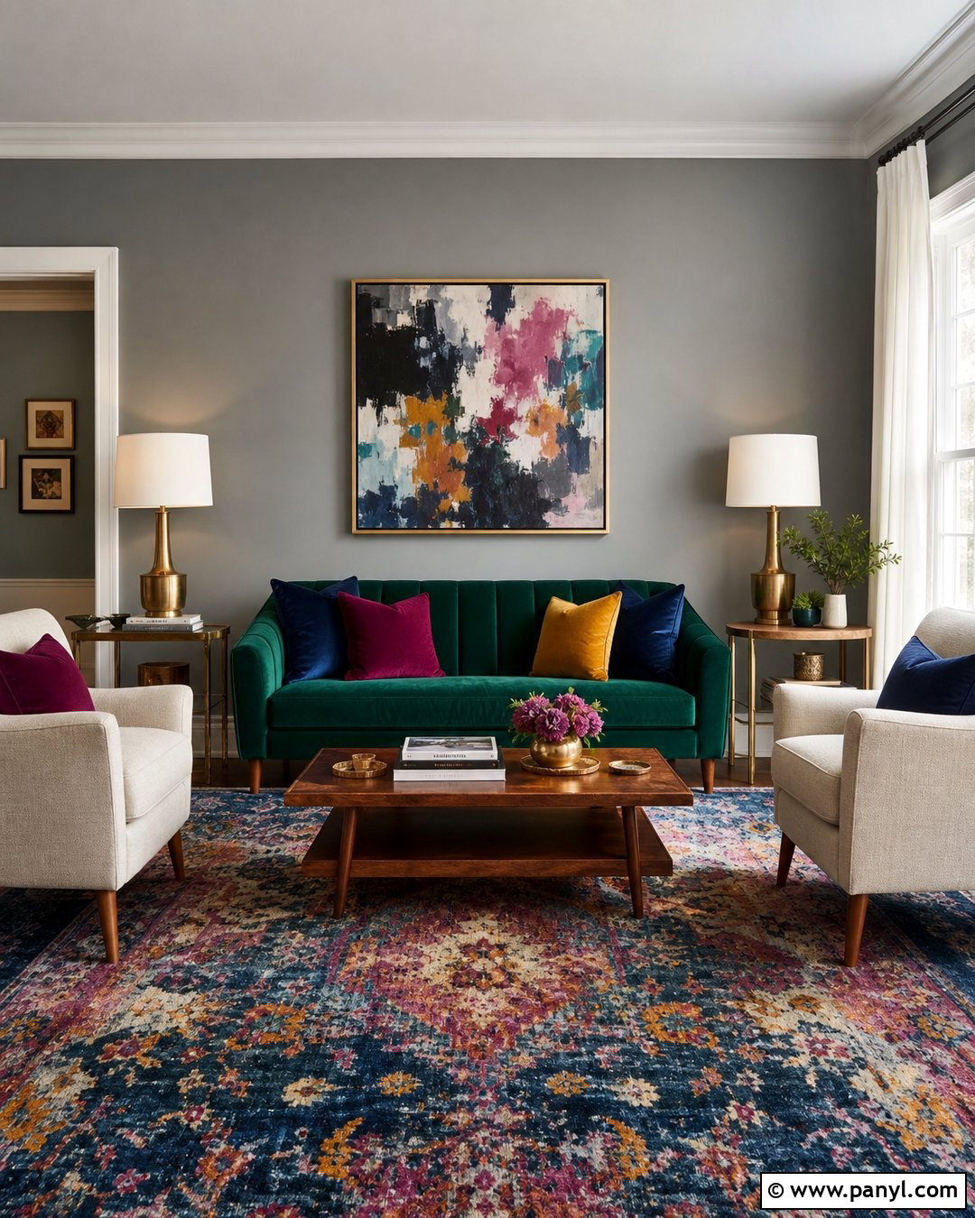 Medium Gray Living Room With Jewel Tones - 20 Medium Gray Wall Paint Ideas