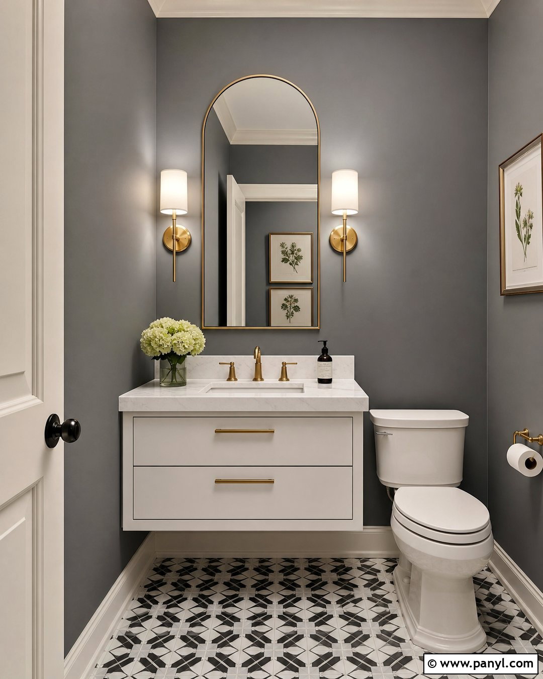 Medium Gray Powder Room With Brass Fixtures - 20 Medium Gray Wall Paint Ideas