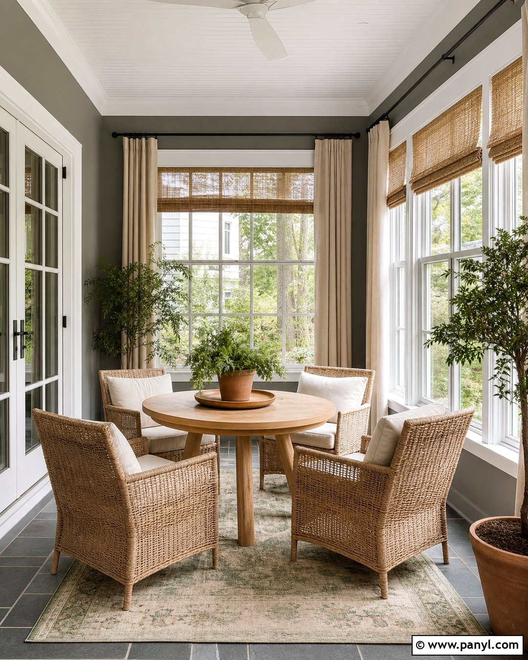 Medium Gray Sunroom With Woven Furniture - 20 Medium Gray Wall Paint Ideas