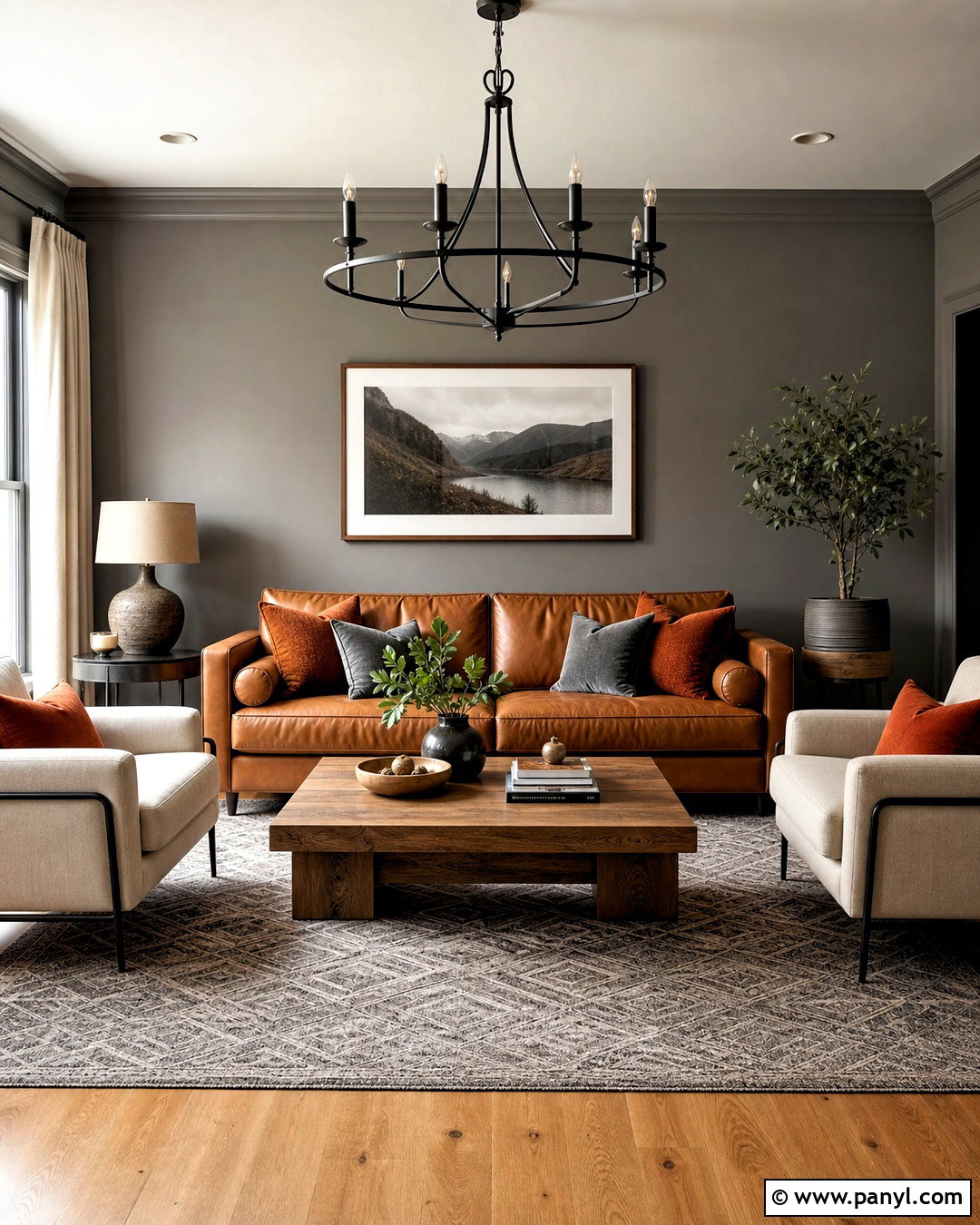 Medium Grey Living Room With Cognac Leather - 20 grey paint living room ideas