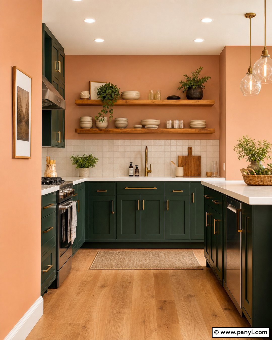 Melon Walls With Forest Green Cabinets - 20 Melon Walls