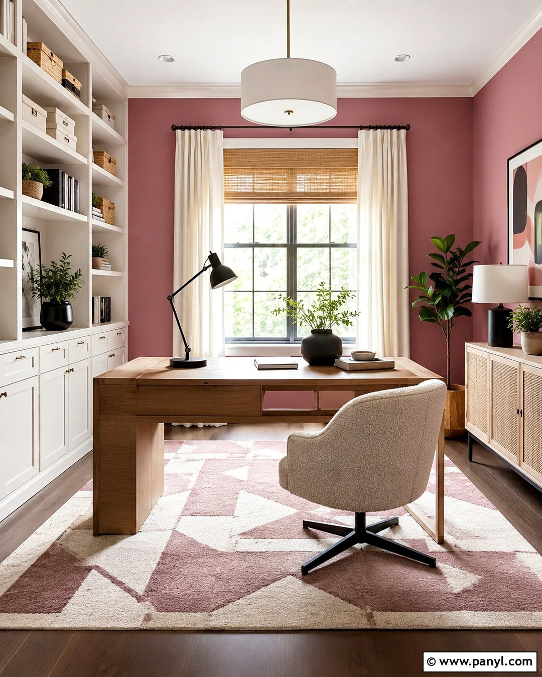 Melrose Pink Home Office With White Built-Ins - 20 Melrose Pink Wall Ideas