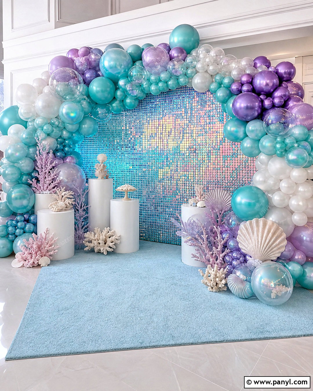 Mermaid Shimmer Wall With Teal Balloons - 20 shimmer wall with balloons