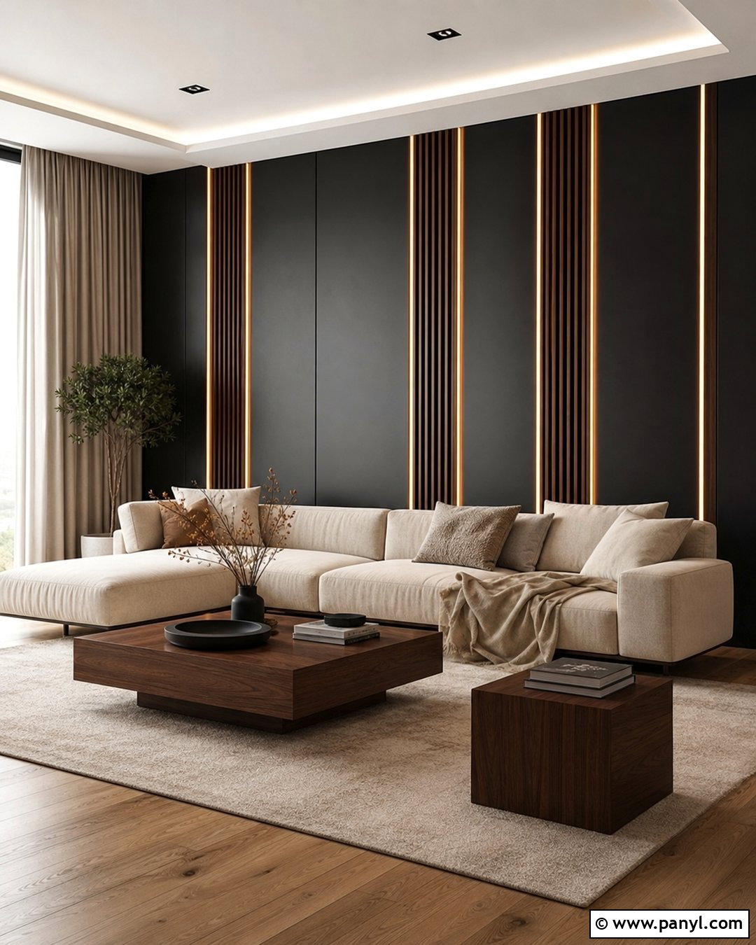 Metallic Black Wall With Wood Slats - 20 Metallic Black Wall Ideas
