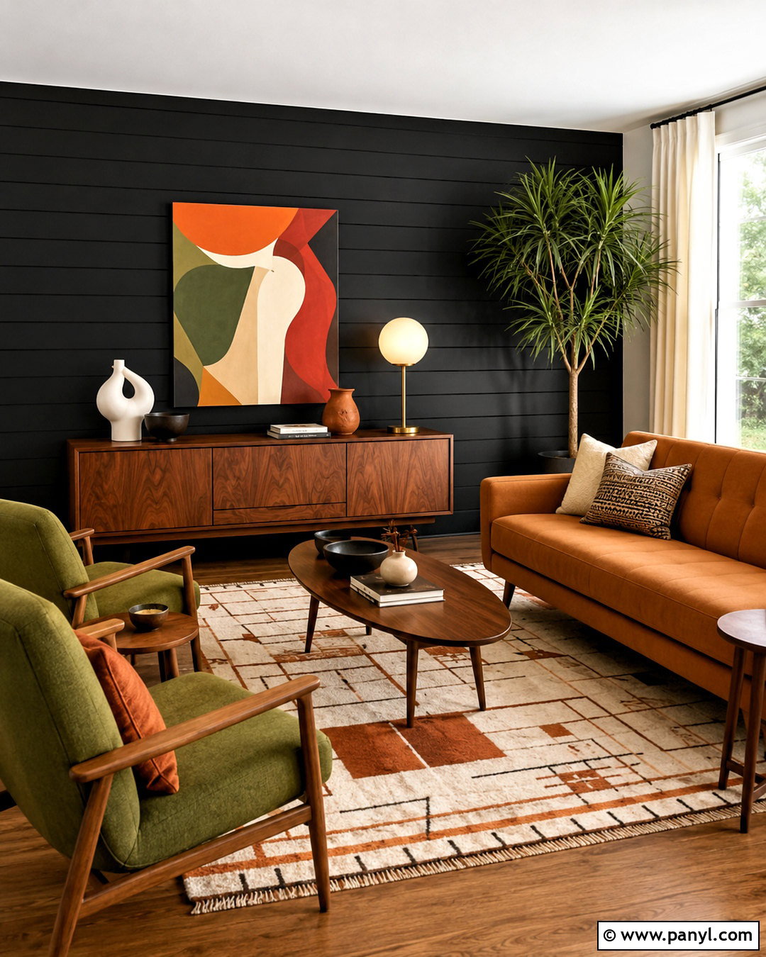Mid-Century Black Shiplap Living Room - 20 black shiplap wall living room ideas