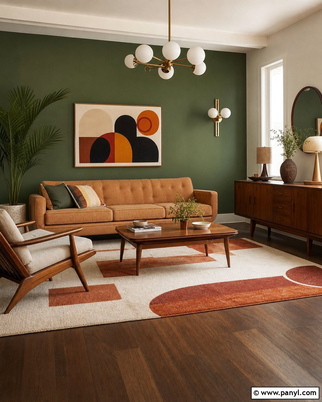 Mid-Century Dark Green Feature Wall - 30 Dark Green Feature Wall Living Room Ideas