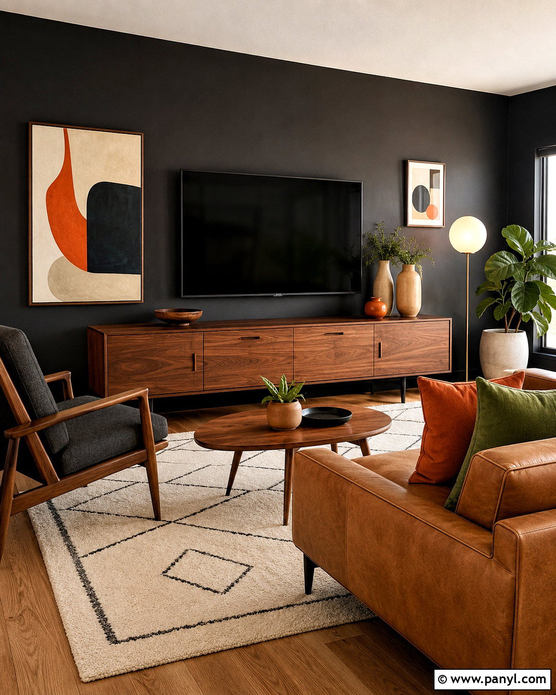 Mid-Century Dark TV Wall - 20 dark tv wall living room ideas