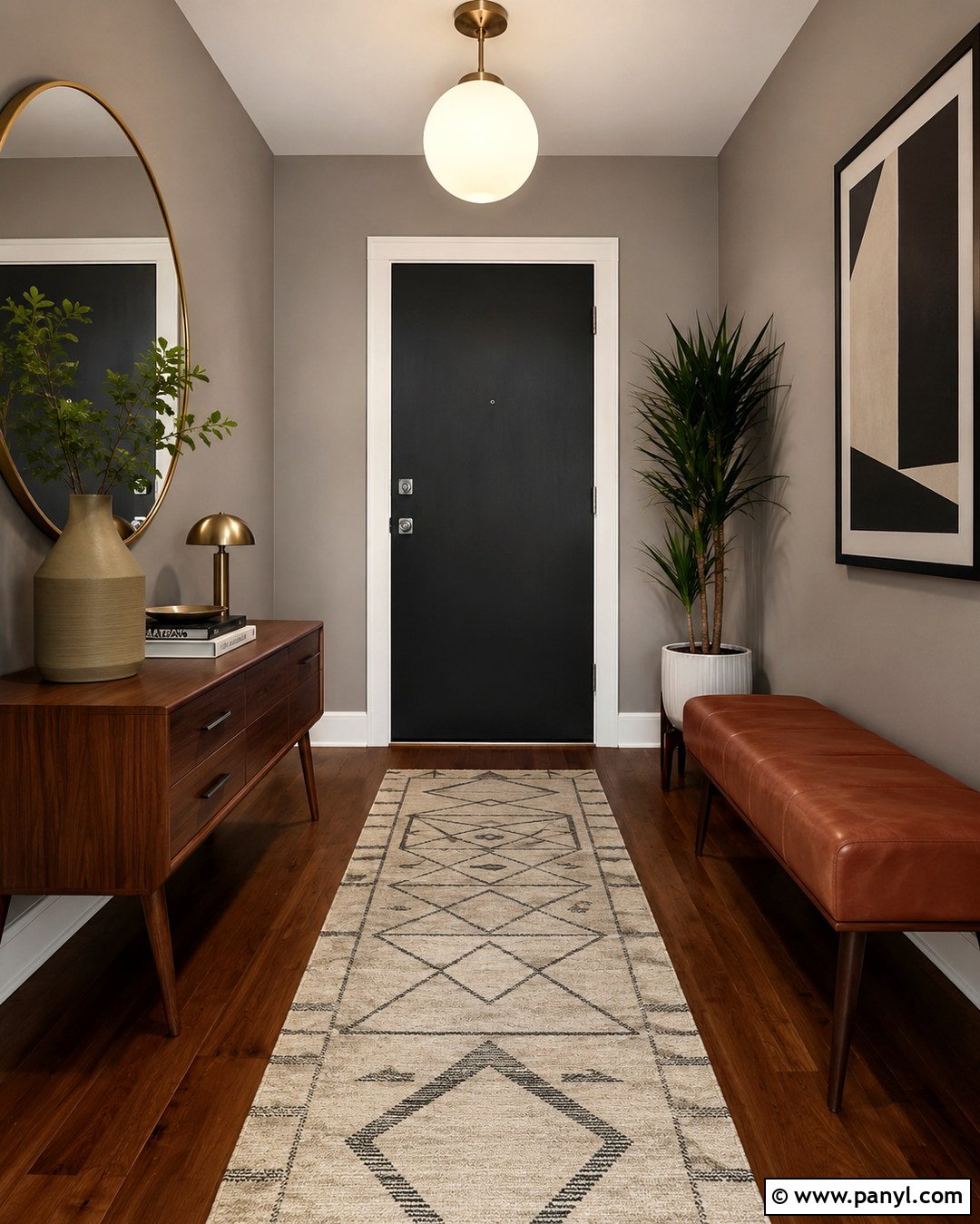 Mid-Century Gray Entry With Black Door - 20 Black Door Grey Walls