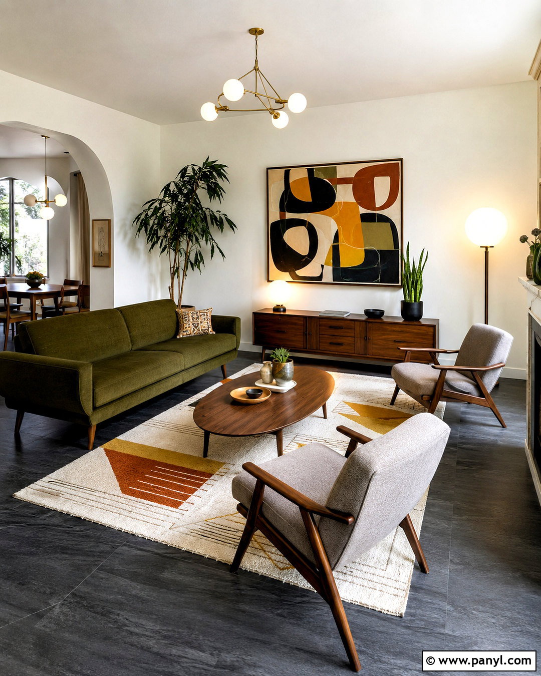 Mid-Century Living Room With Dark Grey Flooring - 20 dark grey flooring living room ideas