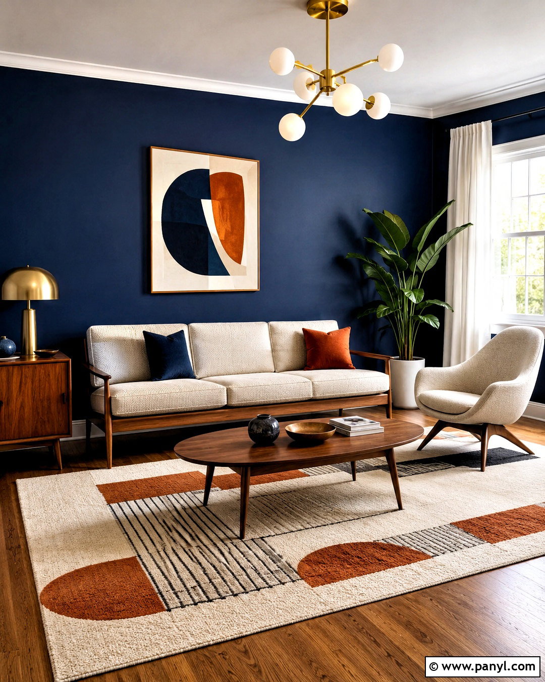 Mid-Century Navy Feature Wall - 20 navy feature wall living room ideas