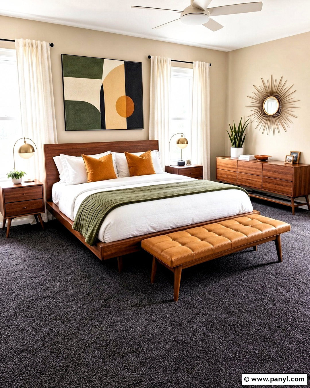 Midcentury Bedroom With Dark Gray Carpet - 20 dark gray carpet bedroom ideas