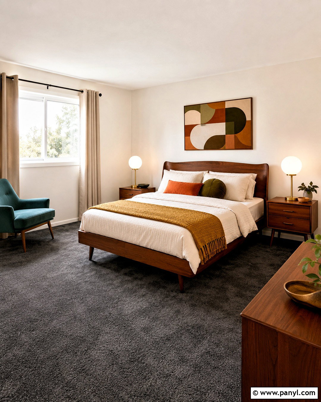 Midcentury Bedroom With Dark Grey Carpet - 20 dark grey carpet bedroom ideas