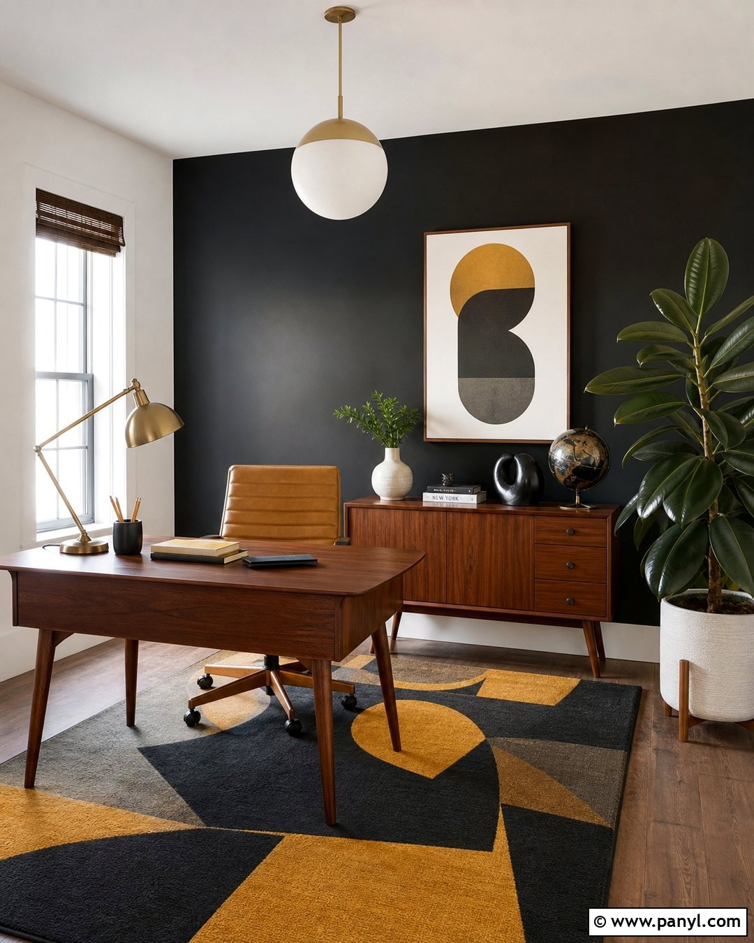 Midcentury Black Accent Wall Office - 35 Black Accent Wall Office Ideas
