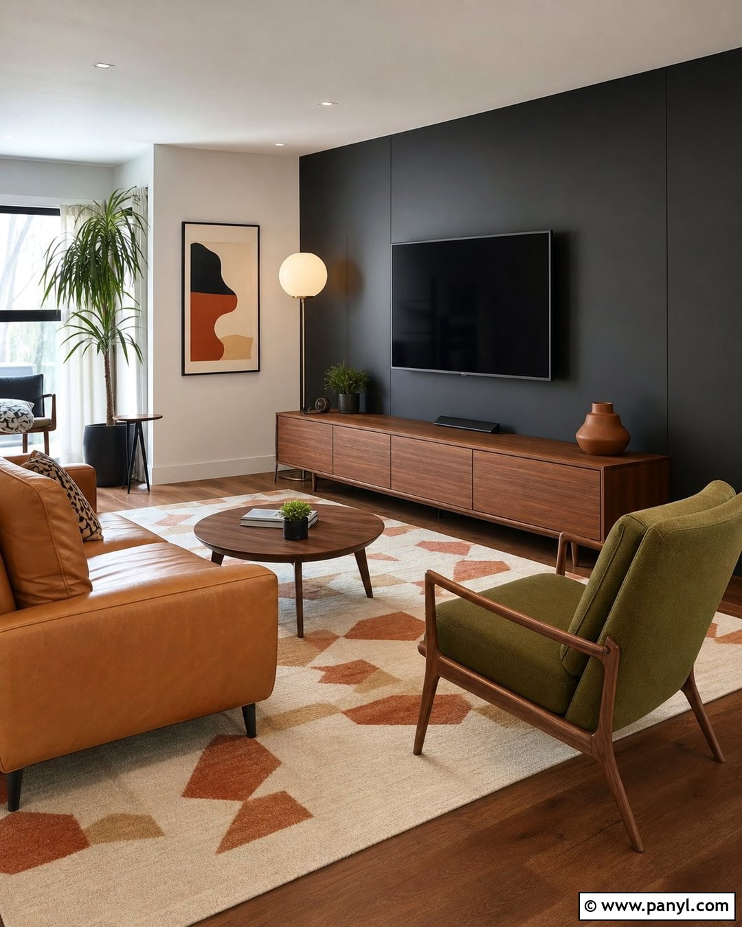 Midcentury Black TV Wall - 35 Black Wall Behind Tv Ideas