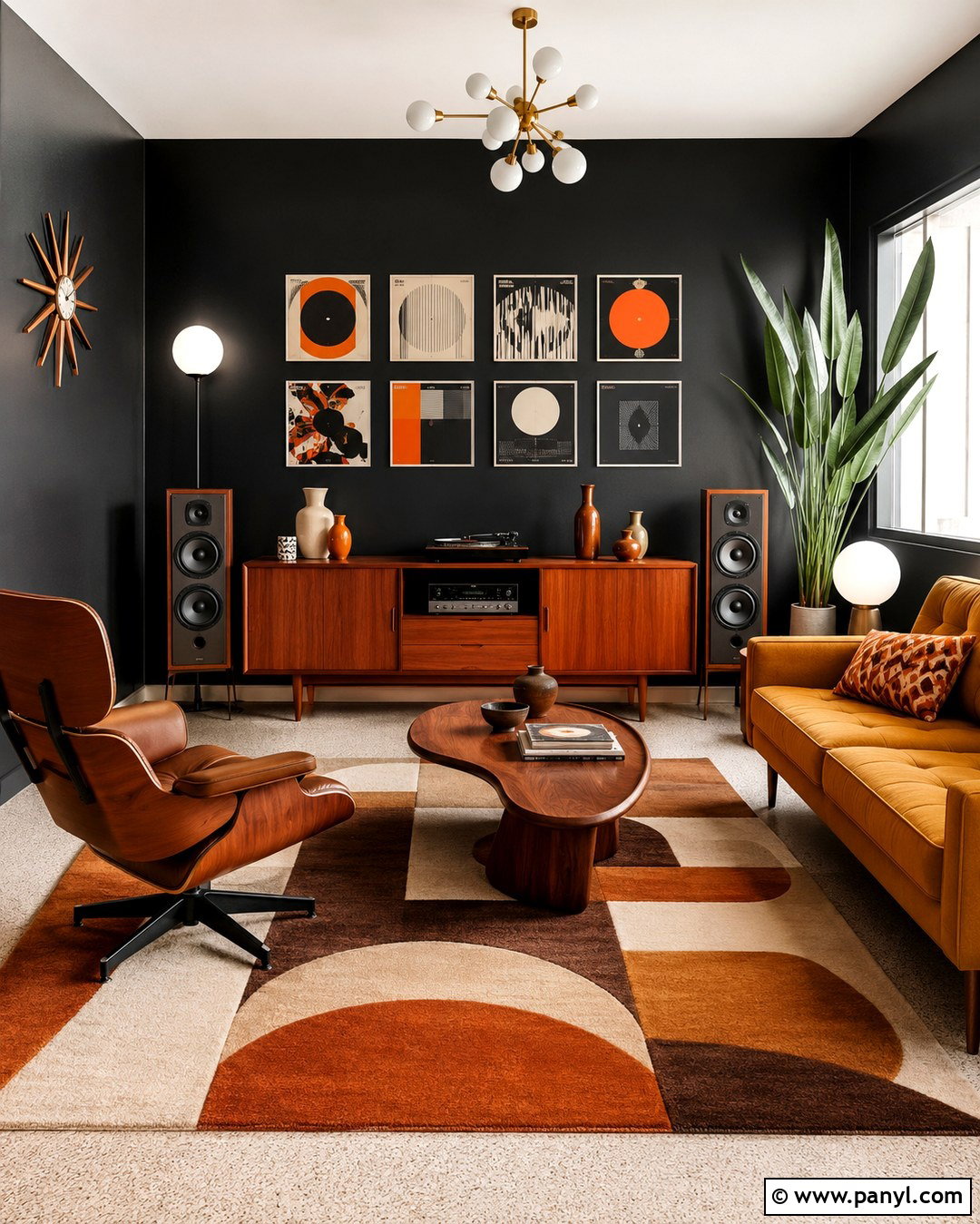 Midcentury Black Wall Listening Room - 20 Black Wall Music Room Ideas