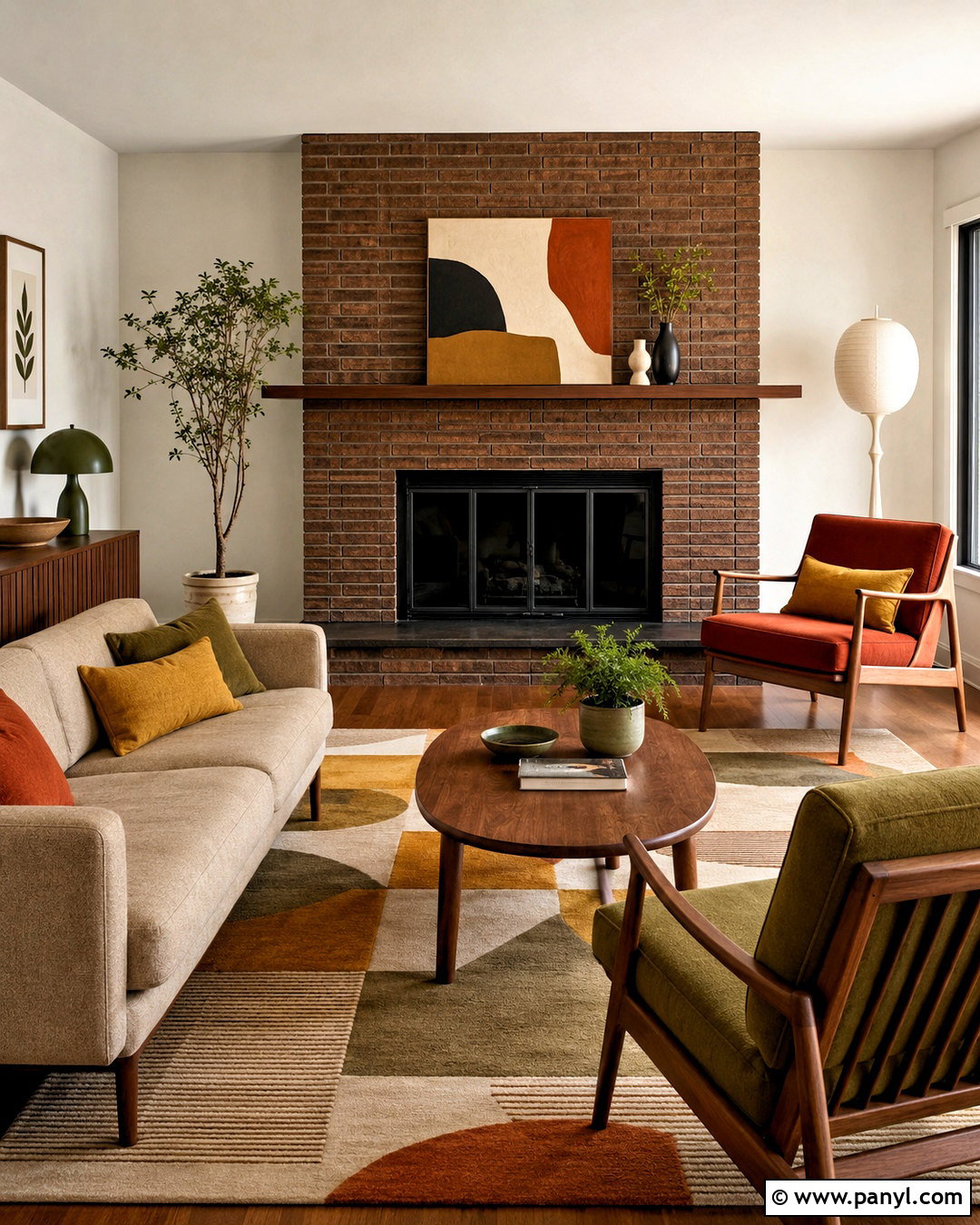Midcentury Brown Brick Fireplace - 20 brown brick fireplace ideas