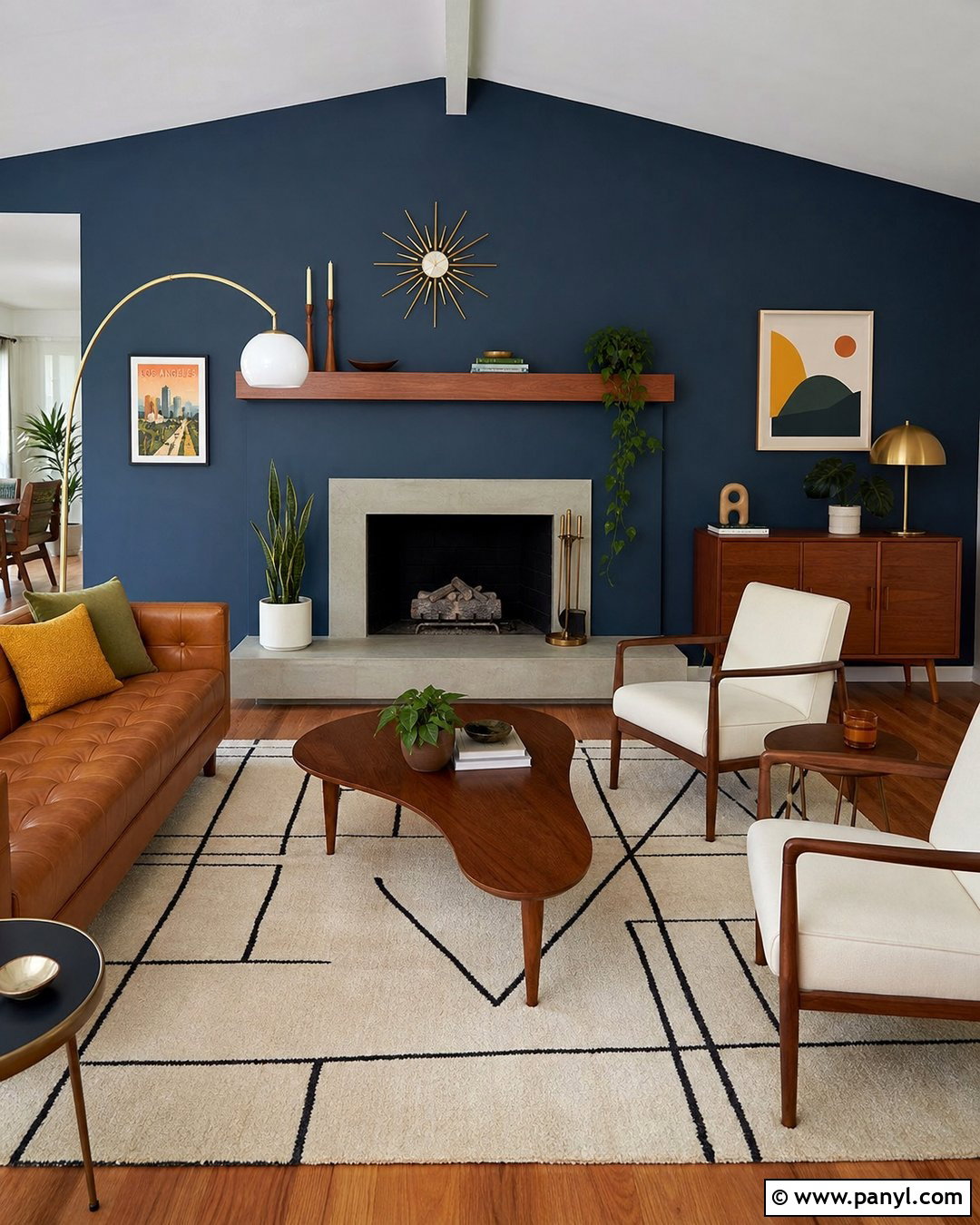 Midcentury Dark Blue Fireplace Wall - 20 Dark Blue Accent Wall Living Room With Fireplace Ideas