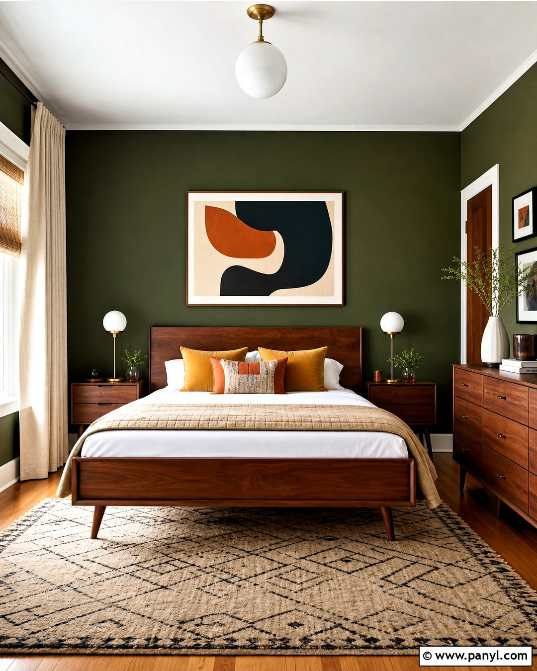 Midcentury Dark Green Accent Wall Bedroom - 20 dark green accent wall bedroom ideas