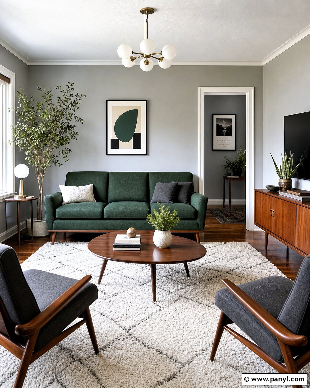 Midcentury Dark Green and Grey Living Room - 20 dark green and grey living room ideas