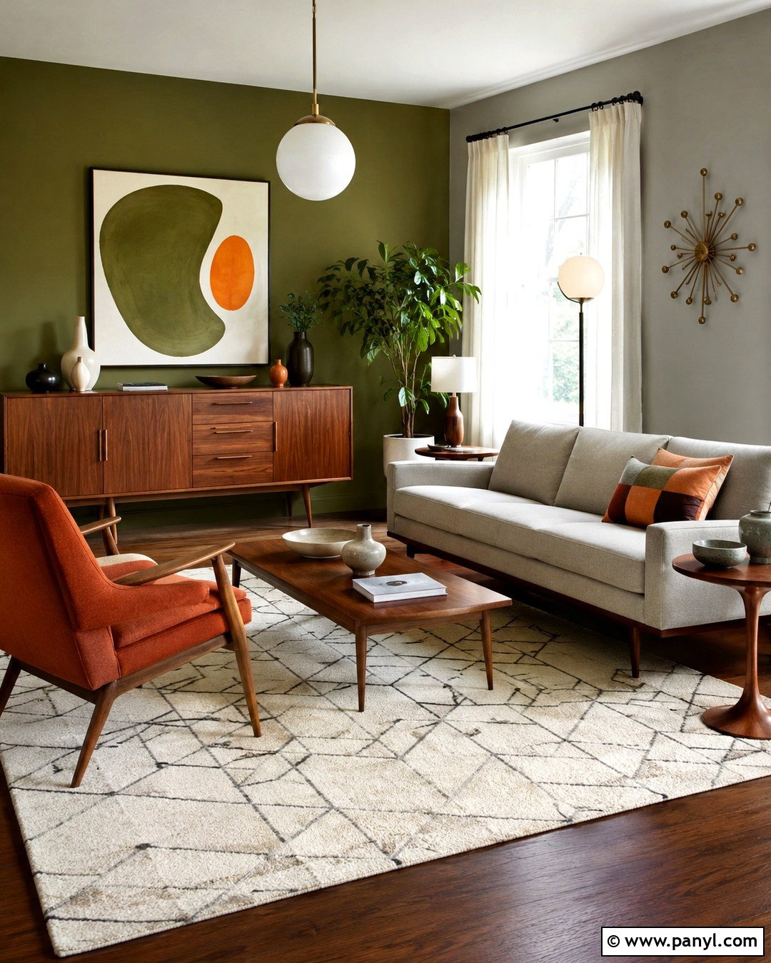 Midcentury Green Accent Wall Living Room - 20 Gray Walls With Green Accent Wall Ideas