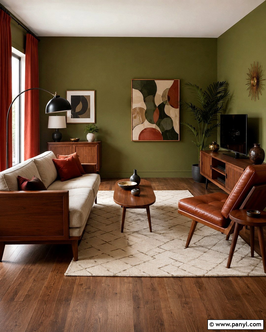 Midcentury Green Living Room With Burnt Red Curtains - 20 Green Walls Red Curtains