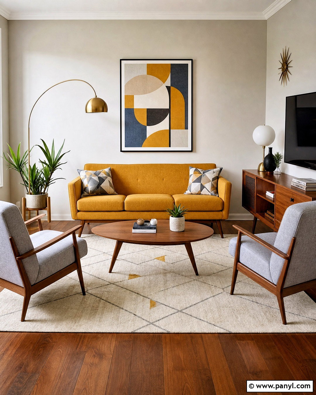 Midcentury Grey And Mustard Living Room - 20 grey and mustard living room ideas