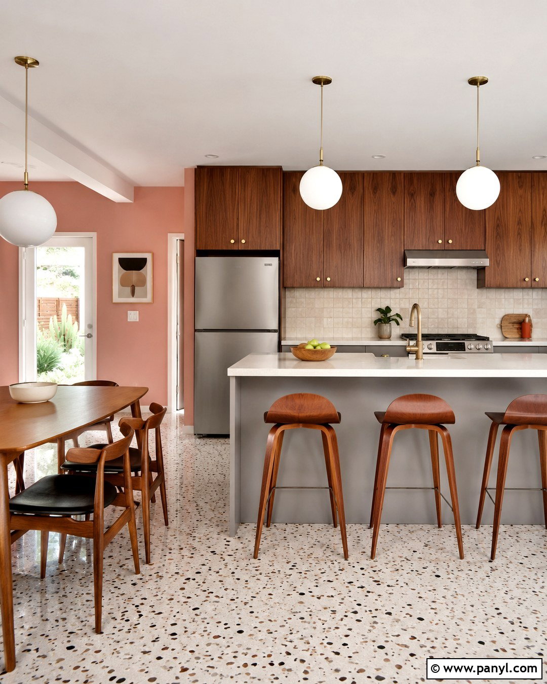 Midcentury Grey Kitchen With Coral Pink Walls - 20 grey kitchen pink walls
