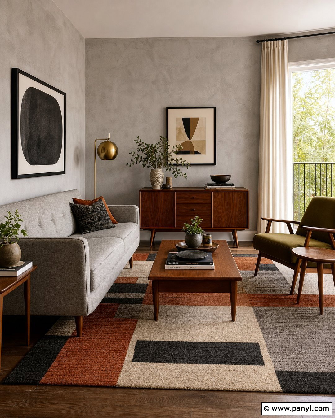 Midcentury Grey Limewash Living Room - 25 Limewash Grey Wall Ideas