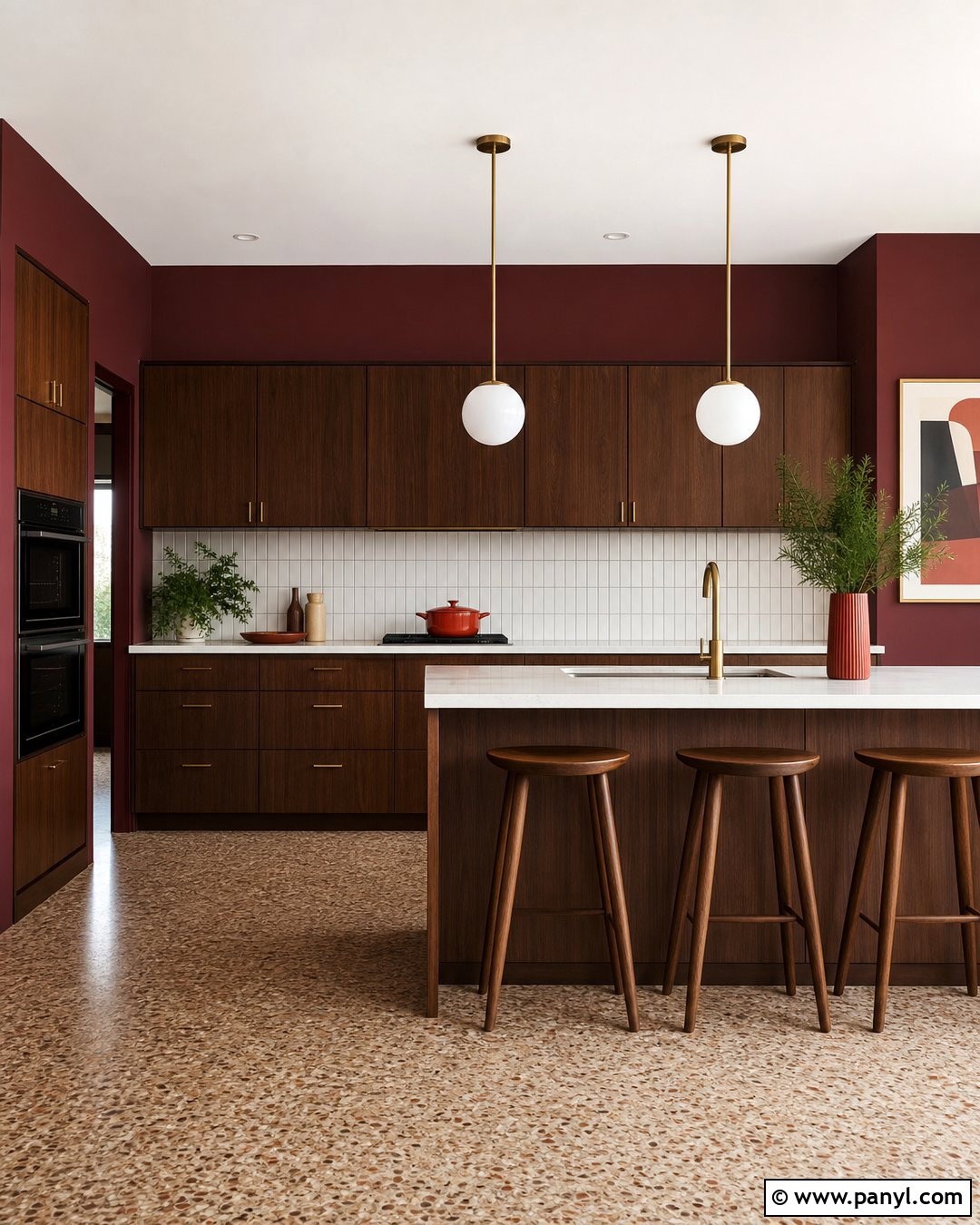 Midcentury Kitchen With Burgundy Walls - 35 burgundy kitchen walls