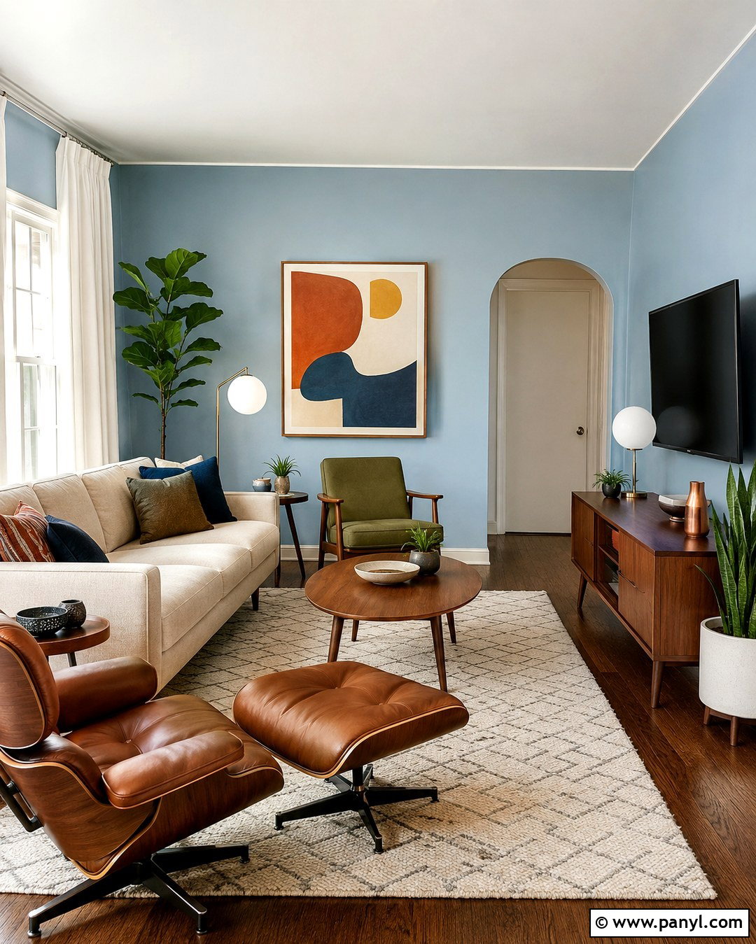 Midcentury Light Blue Living Room With Dark Floors - 20 Light Blue Walls Dark Wood Floor Ideas