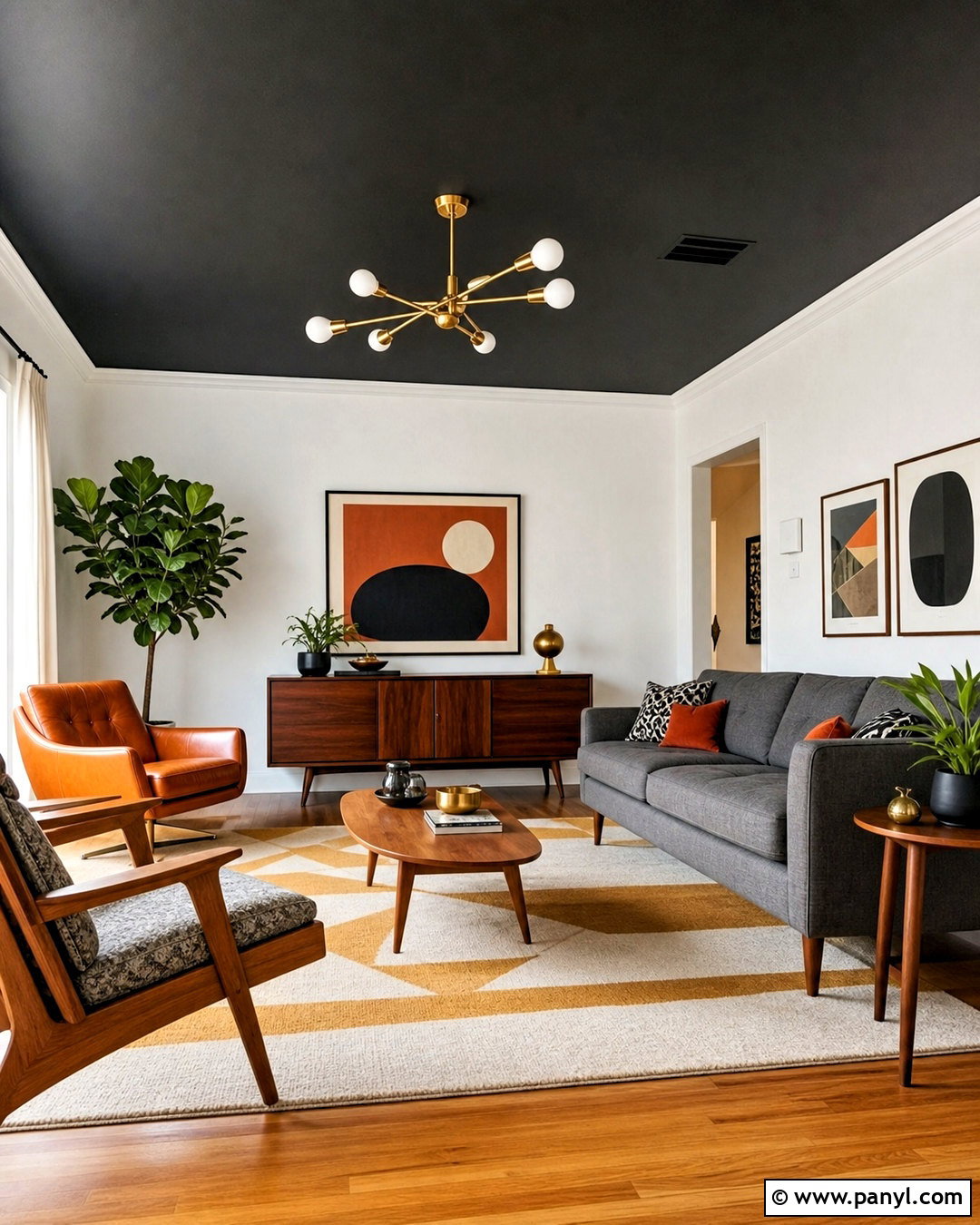 Midcentury Living Room With Black Ceiling And White Walls - 20 black ceiling white walls