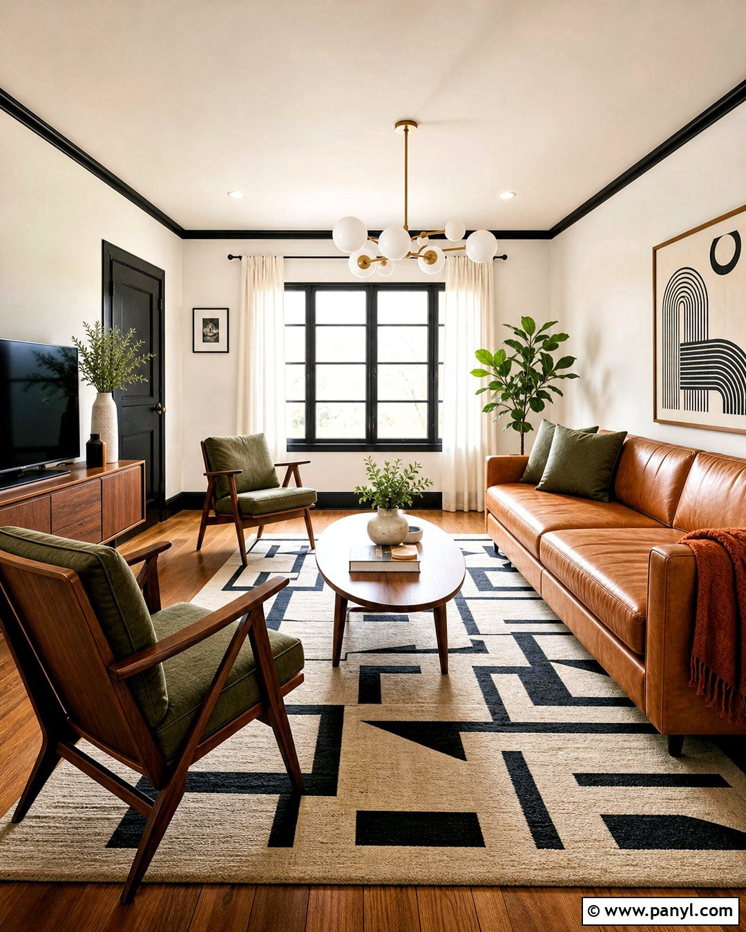 Midcentury Living Room With Black Trim - 20 white walls black trim living room ideas