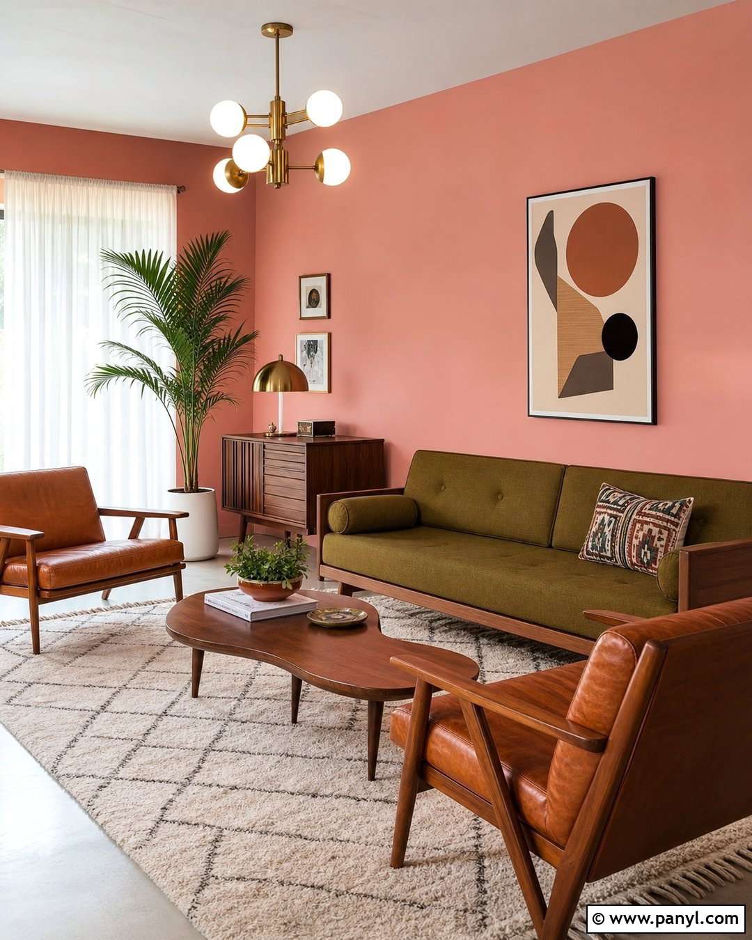 Midcentury Living Room With Blush Pink Walls - 35 Blush Pink Walls