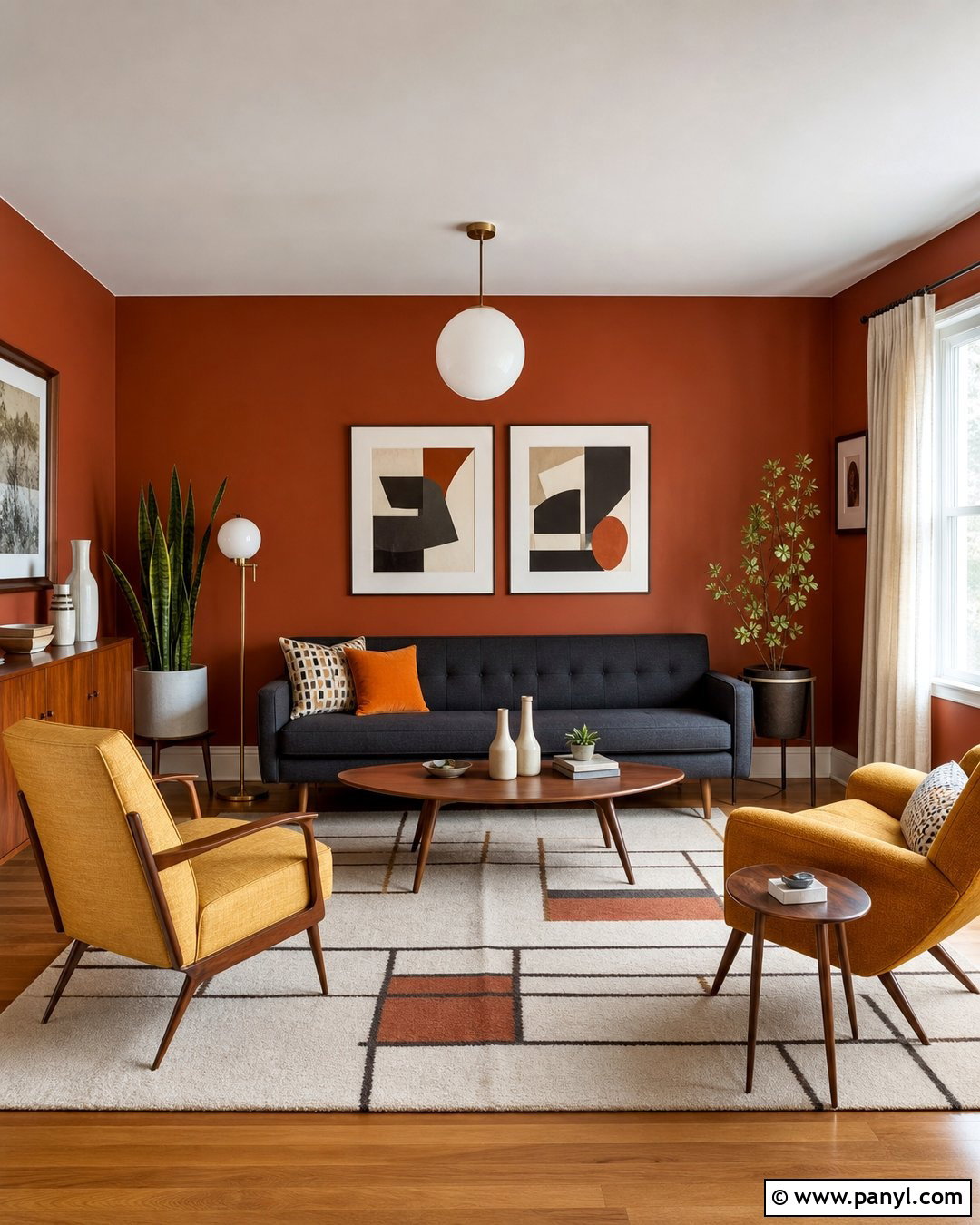 Midcentury Living Room With Burnt Orange Walls - 35 burnt orange walls