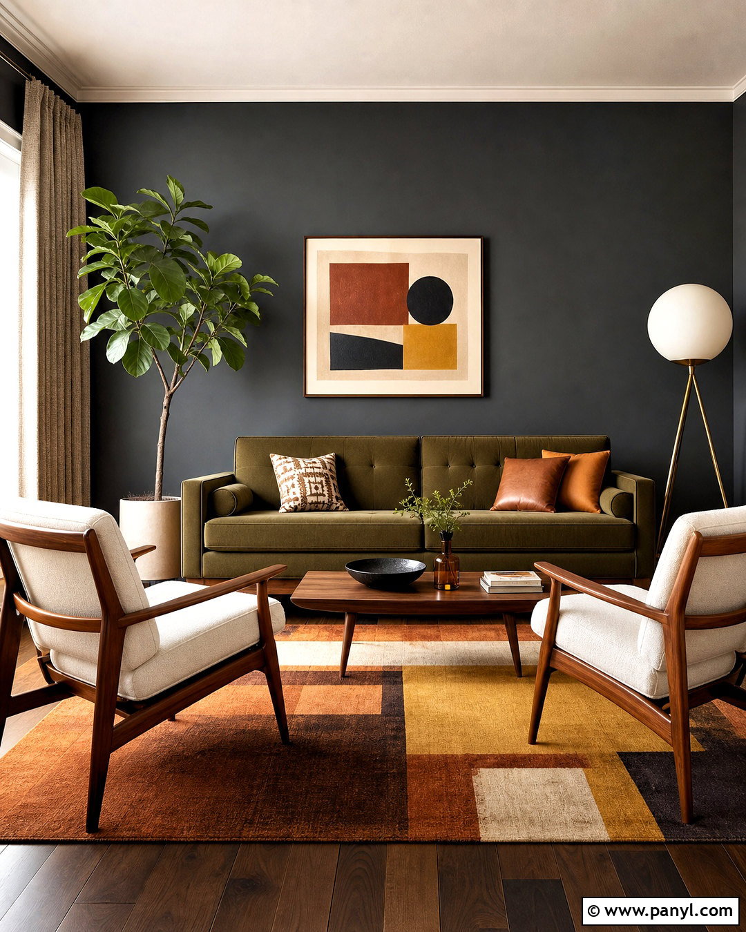 Midcentury Living Room With Charcoal Walls - 20 charcoal walls living room ideas