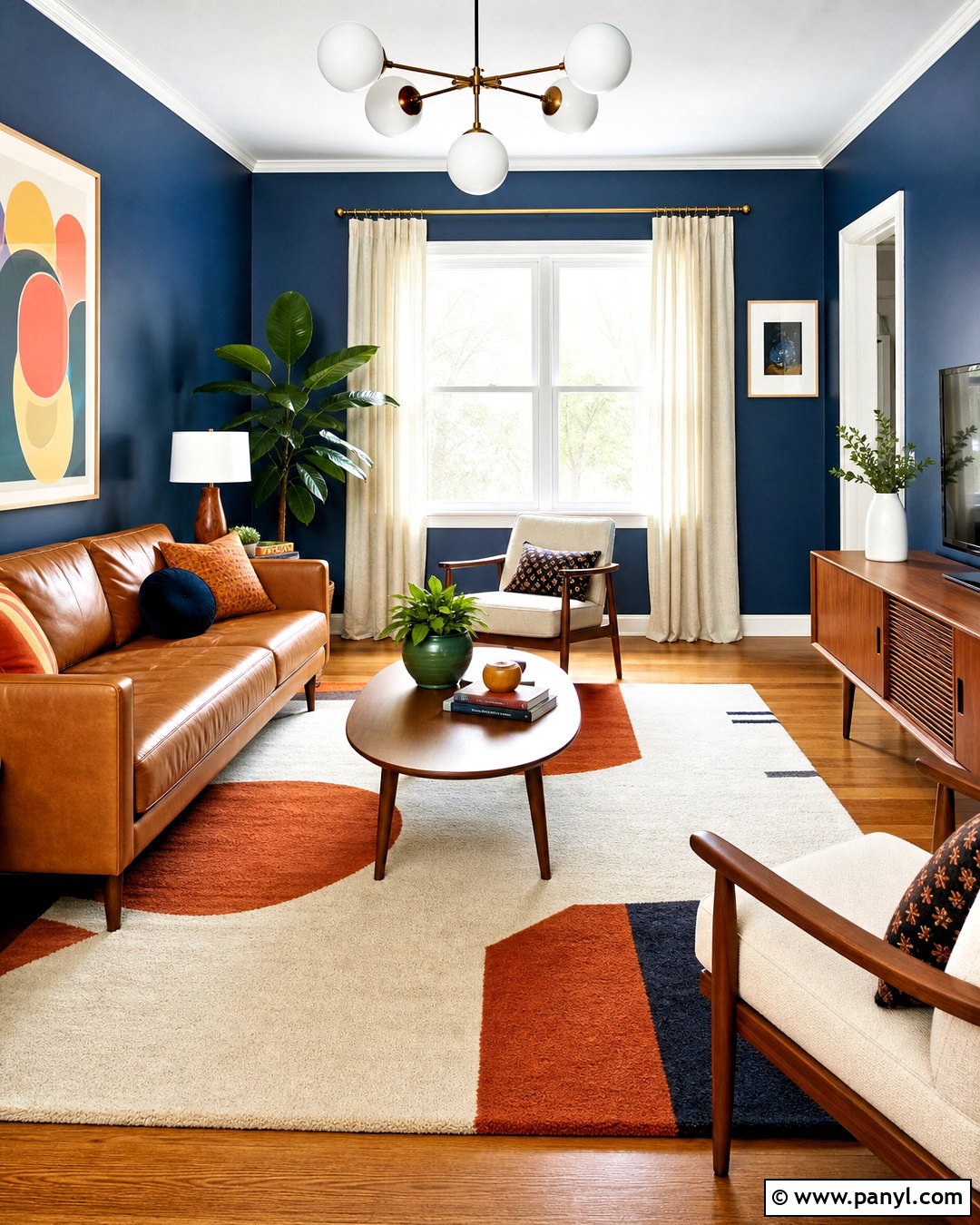 Midcentury Living Room With Dark Blue Walls - 20 dark blue walls living room ideas