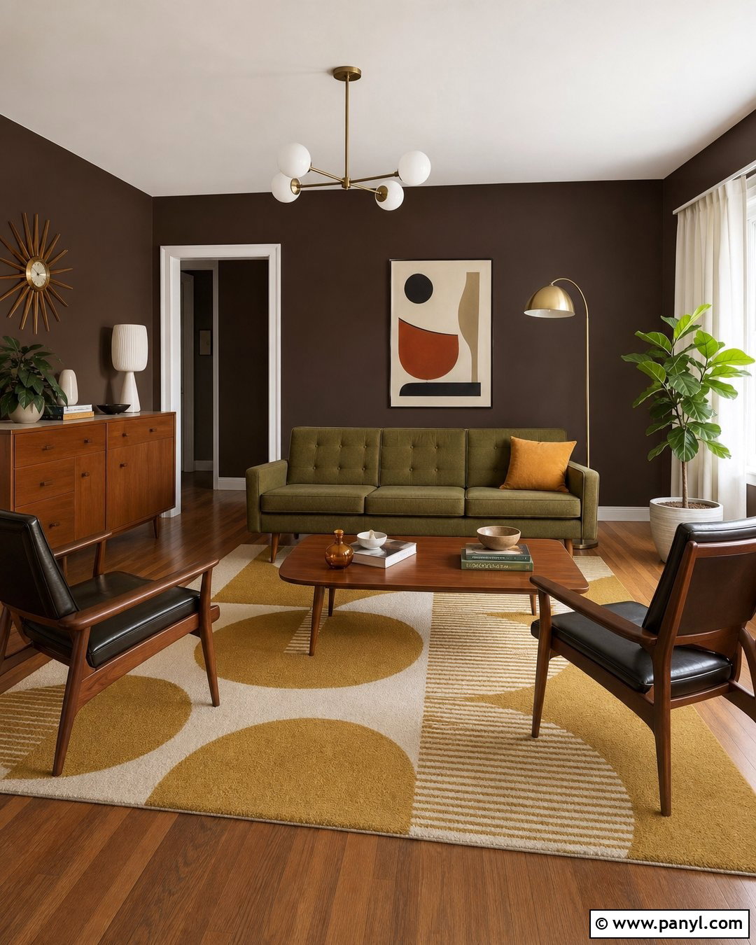 Midcentury Living Room With Dark Brown Walls - 35 Dark Brown Walls Living Room Ideas