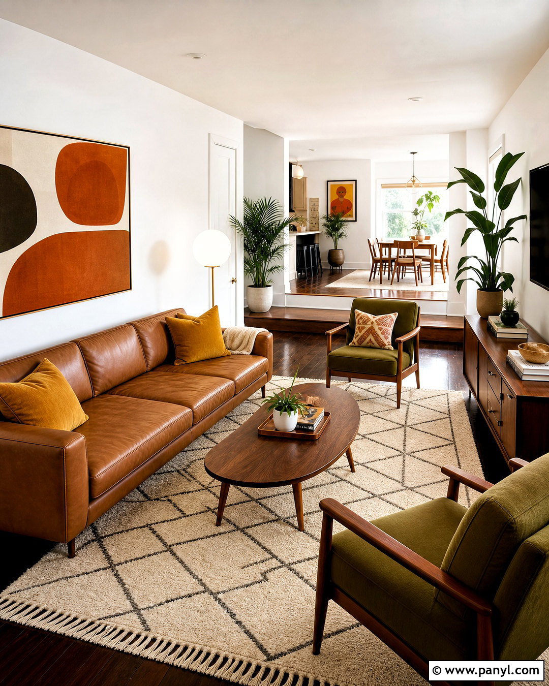 Midcentury Living Room With Dark Hardwood Floors - 20 white walls dark floors living room ideas