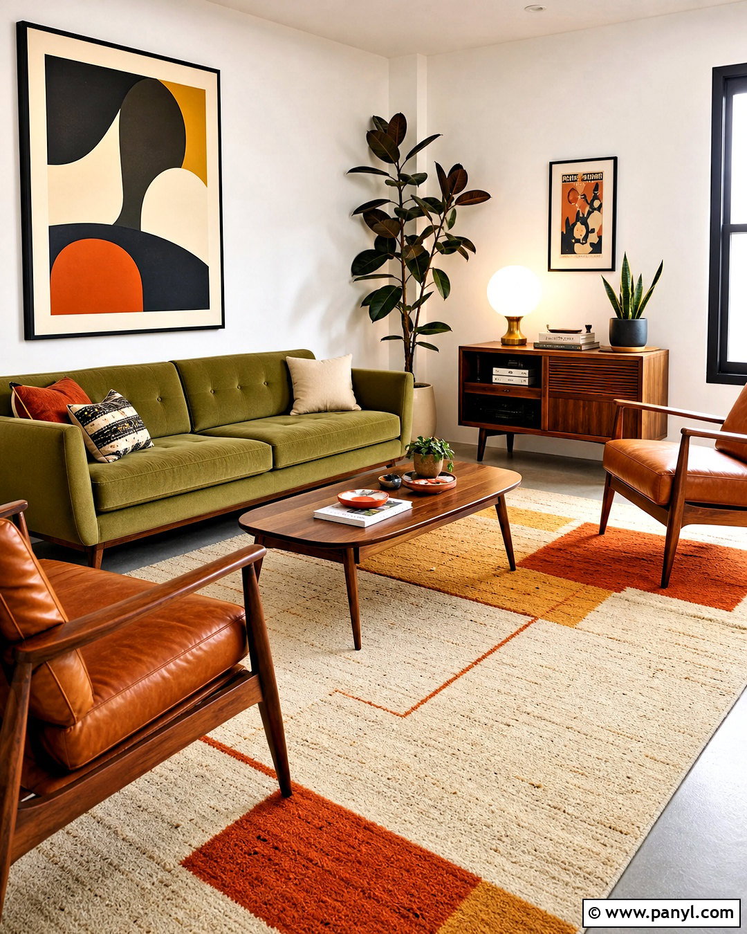 Midcentury Living Room With Grey Floors - 20 white walls grey floor ideas