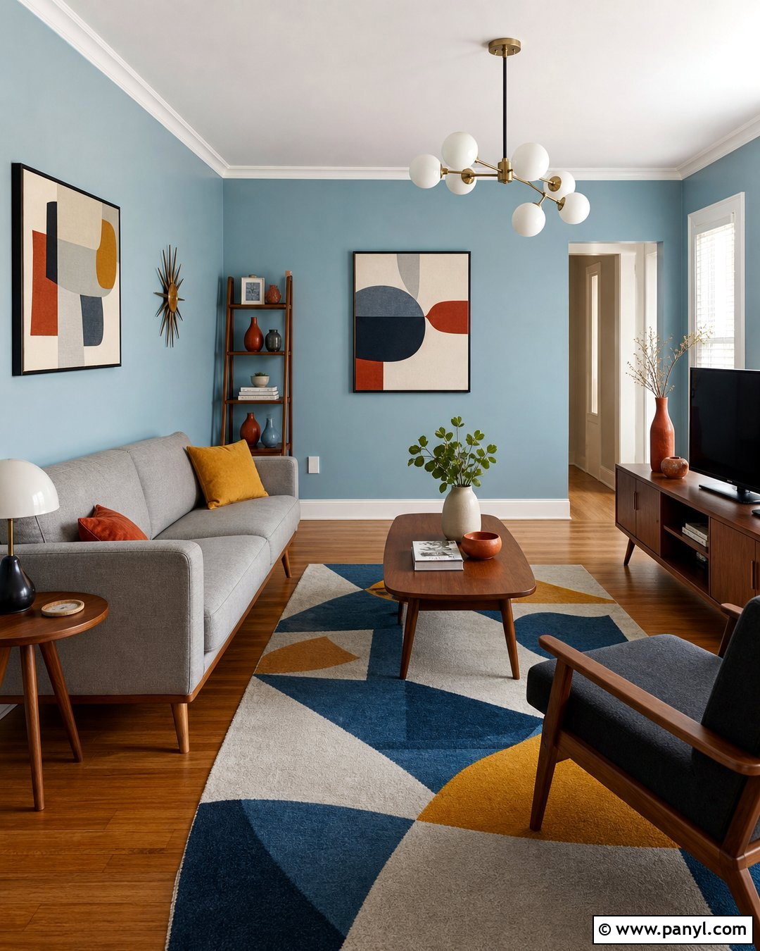 Midcentury Living Room With Light Blue Walls And Grey Furniture - 20 Light Blue Walls With Grey Furniture Ideas